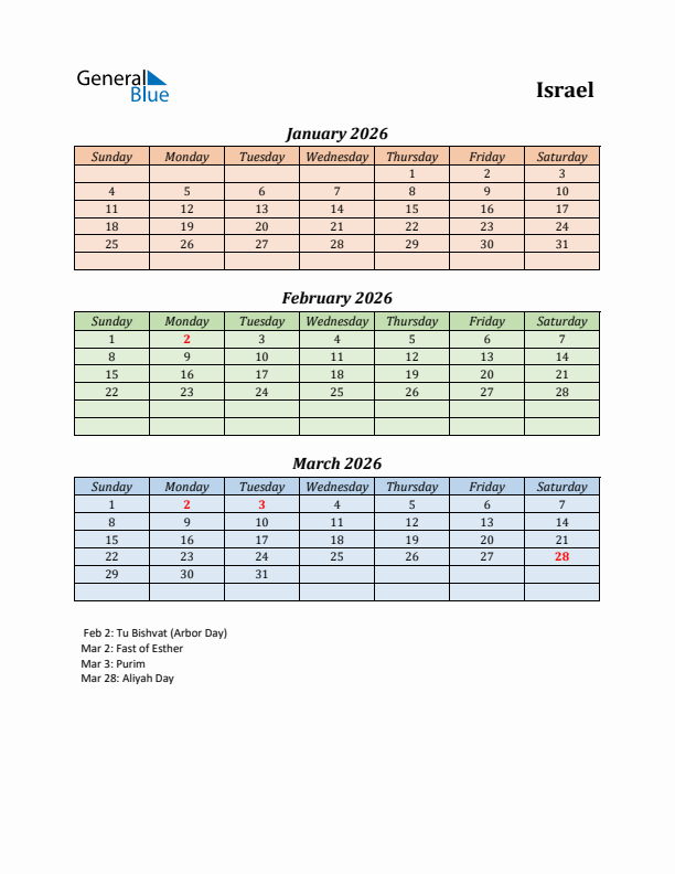 Q1 2026 Holiday Calendar - Israel