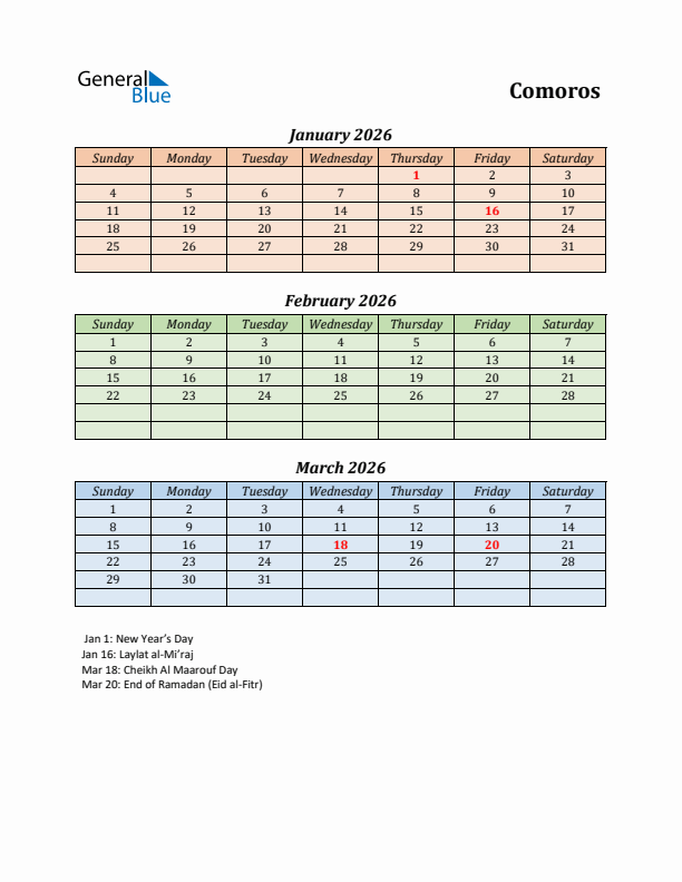 Q1 2026 Holiday Calendar - Comoros