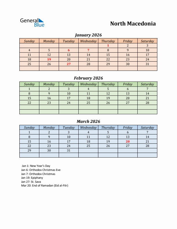 Q1 2026 Holiday Calendar - North Macedonia