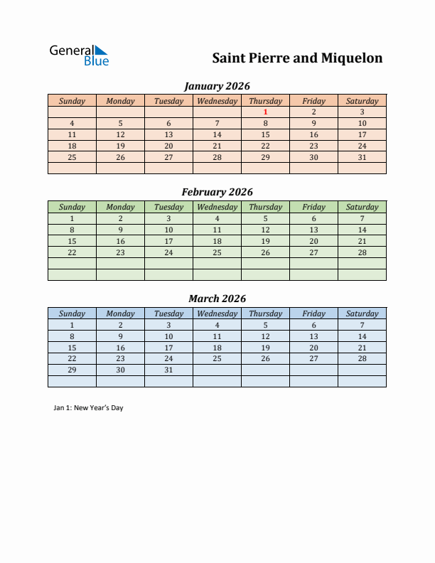 Q1 2026 Holiday Calendar - Saint Pierre and Miquelon