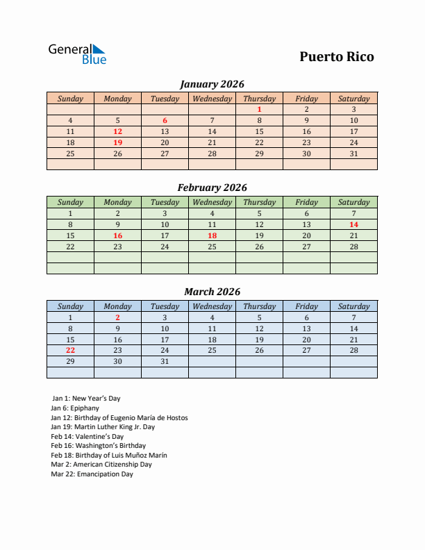 Q1 2026 Holiday Calendar - Puerto Rico