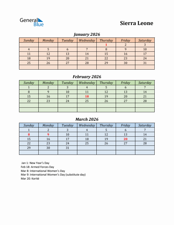 Q1 2026 Holiday Calendar - Sierra Leone
