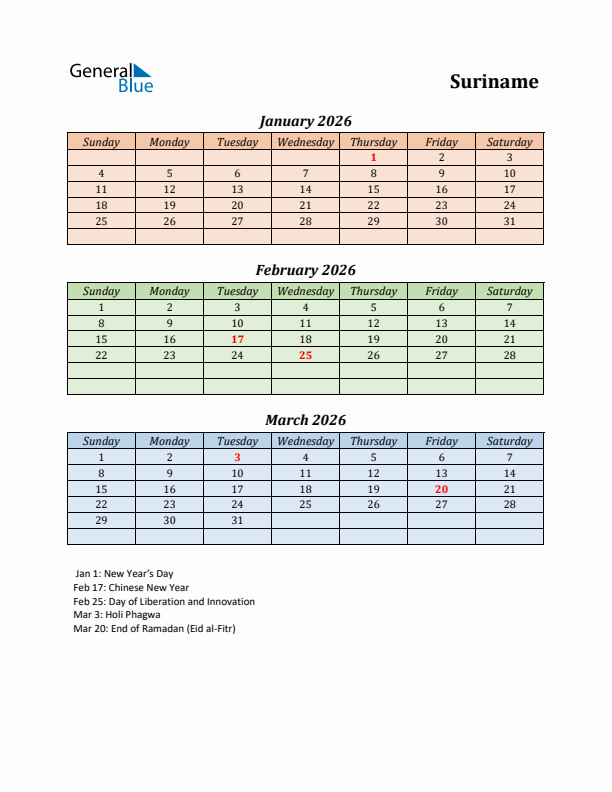 Q1 2026 Holiday Calendar - Suriname