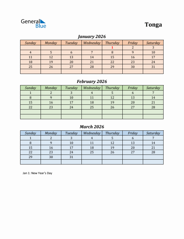 Q1 2026 Holiday Calendar - Tonga