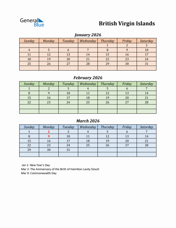 Q1 2026 Holiday Calendar - British Virgin Islands
