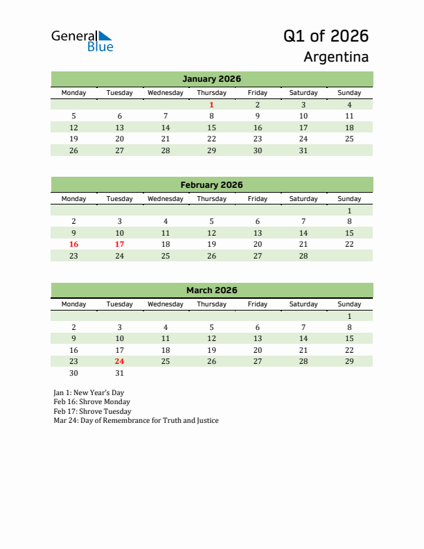 Quarterly Calendar 2026 with Argentina Holidays