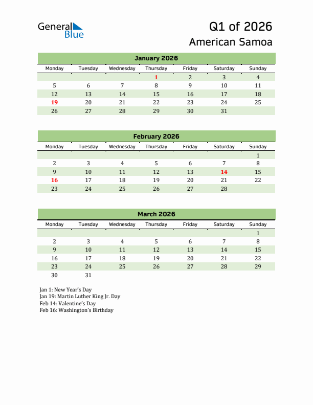Quarterly Calendar 2026 with American Samoa Holidays