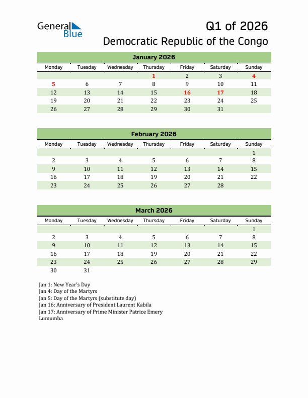 Quarterly Calendar 2026 with Democratic Republic of the Congo Holidays