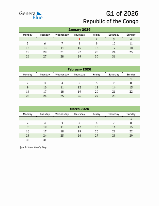 Quarterly Calendar 2026 with Republic of the Congo Holidays