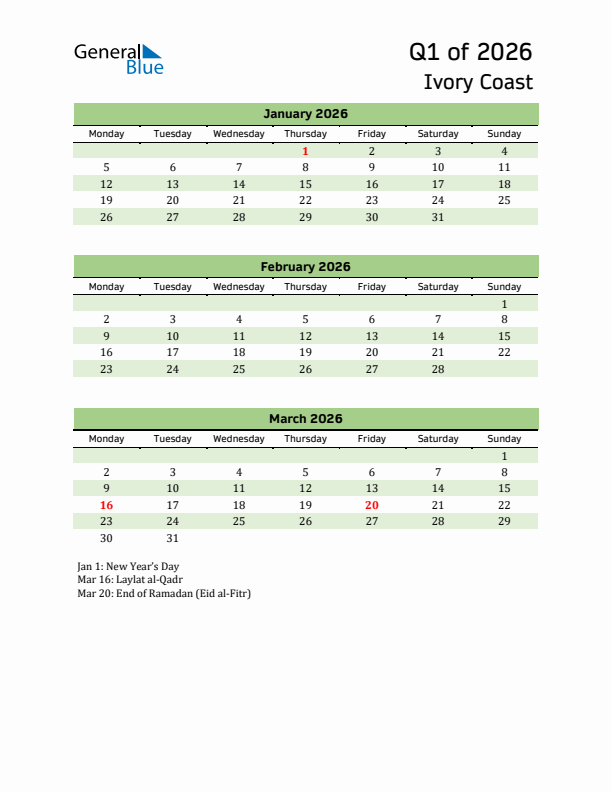 Quarterly Calendar 2026 with Ivory Coast Holidays