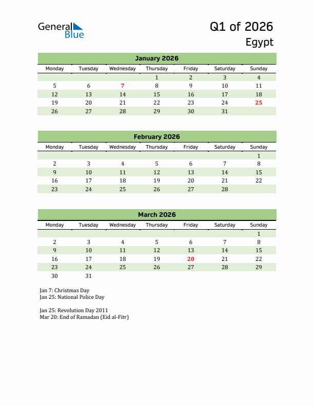 Quarterly Calendar 2026 with Egypt Holidays