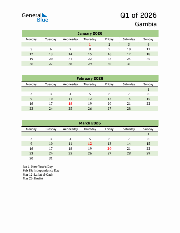 Quarterly Calendar 2026 with Gambia Holidays