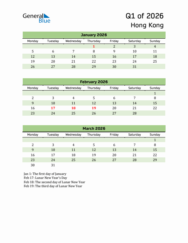 Quarterly Calendar 2026 with Hong Kong Holidays