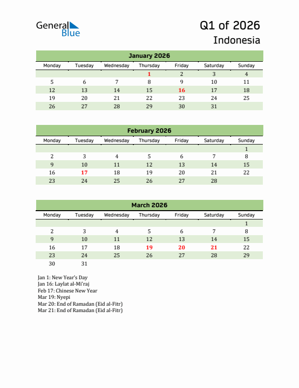 Quarterly Calendar 2026 with Indonesia Holidays