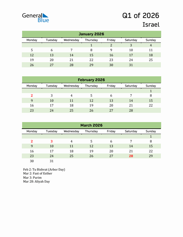 Quarterly Calendar 2026 with Israel Holidays