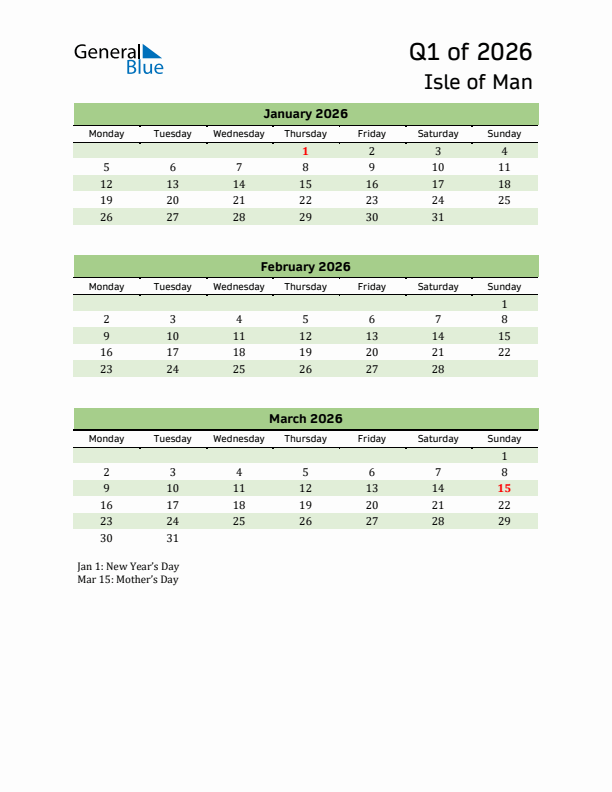 Quarterly Calendar 2026 with Isle of Man Holidays