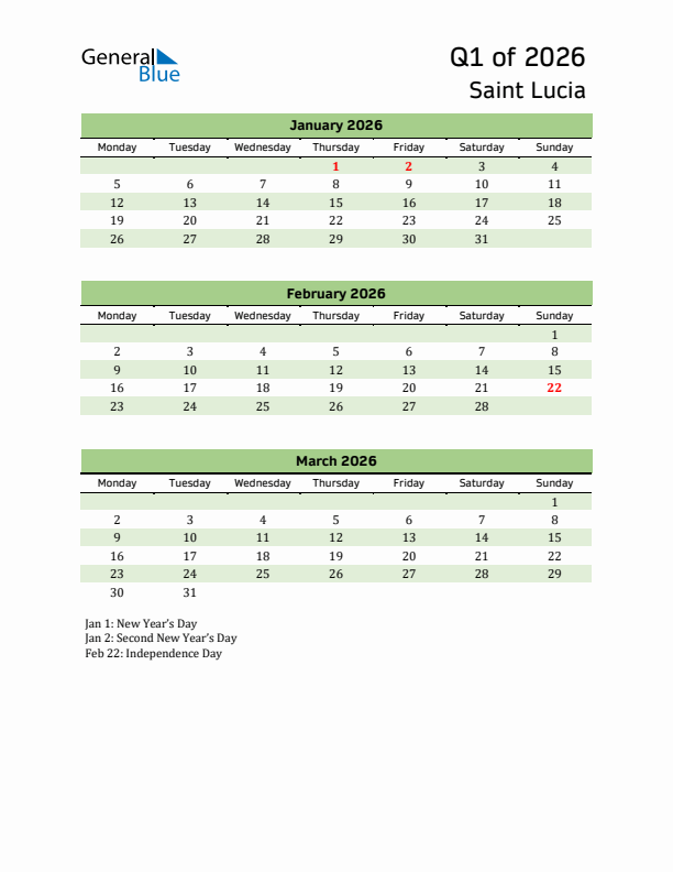 Quarterly Calendar 2026 with Saint Lucia Holidays