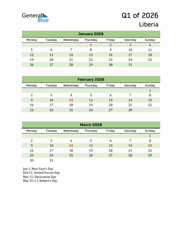 Quarterly Calendar 2026 with Liberia Holidays