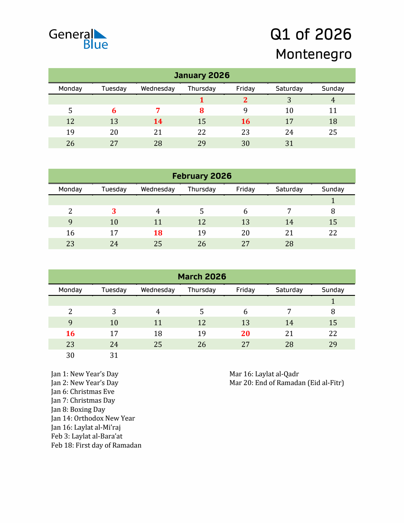 Quarterly Calendar 2026 with Montenegro Holidays