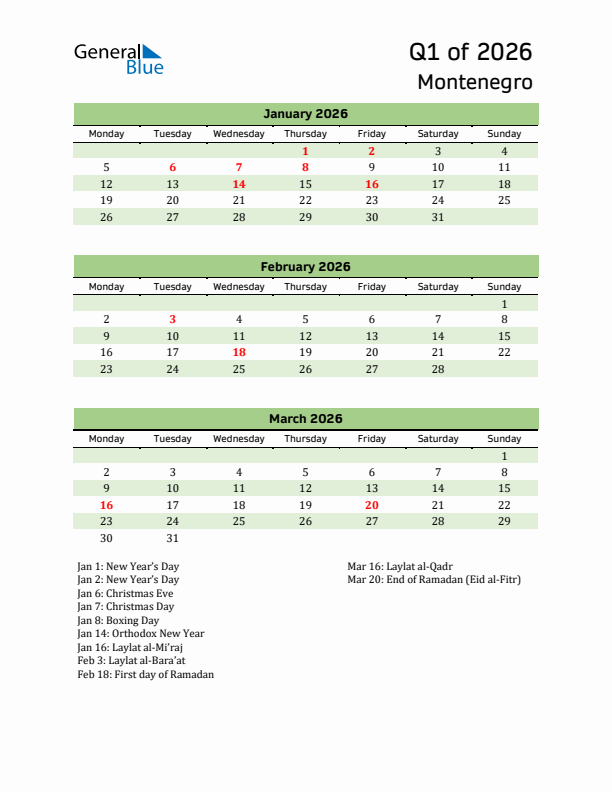 Quarterly Calendar 2026 with Montenegro Holidays