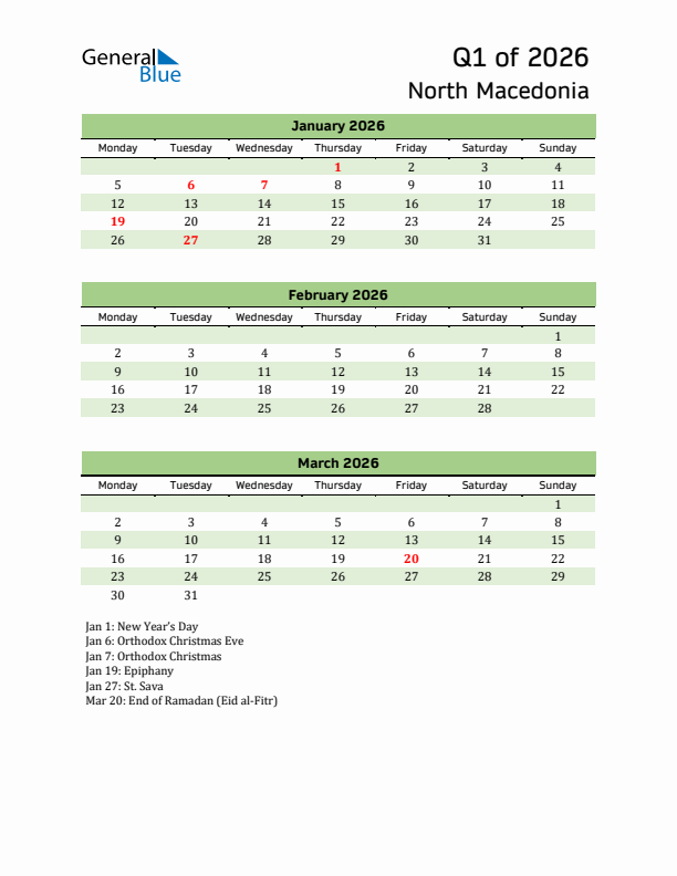 Quarterly Calendar 2026 with North Macedonia Holidays