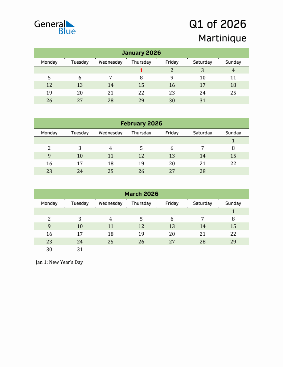 Quarterly Calendar with Martinique Holidays (Q1 of 2026) - Monday Start