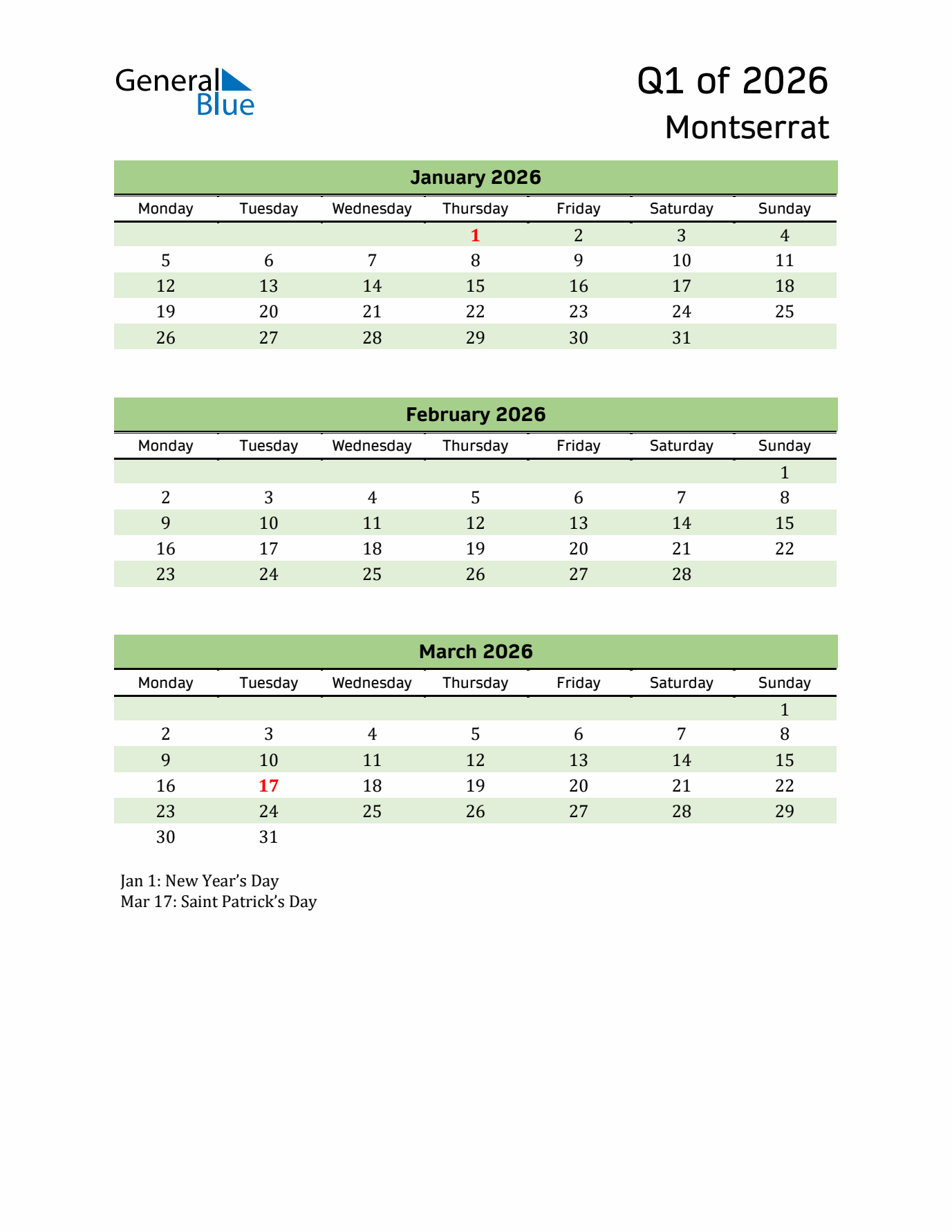 Quarterly Calendar 2026 with Montserrat Holidays