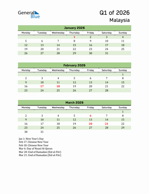 Quarterly Calendar 2026 with Malaysia Holidays