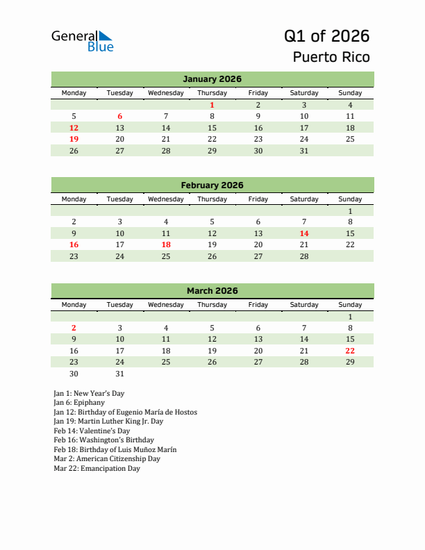 Quarterly Calendar 2026 with Puerto Rico Holidays