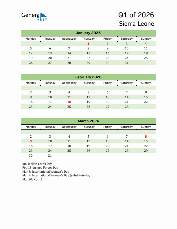 Quarterly Calendar 2026 with Sierra Leone Holidays