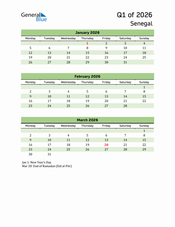 Quarterly Calendar 2026 with Senegal Holidays