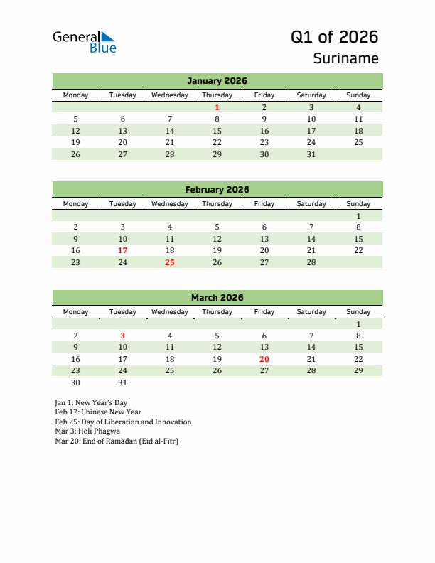 Quarterly Calendar 2026 with Suriname Holidays