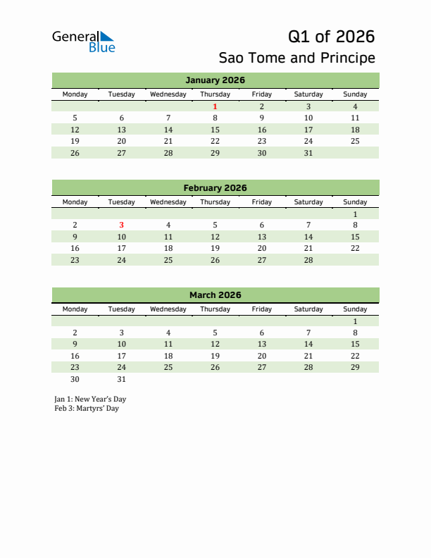 Quarterly Calendar 2026 with Sao Tome and Principe Holidays