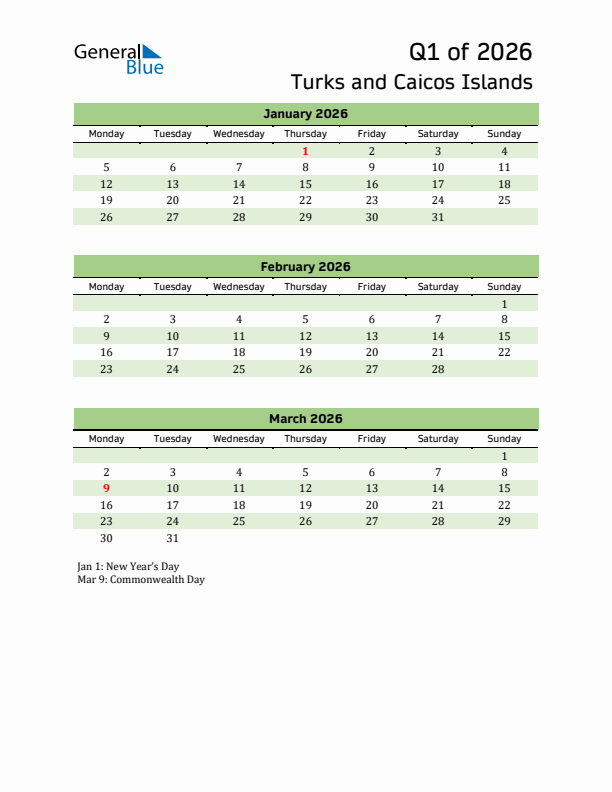Quarterly Calendar 2026 with Turks and Caicos Islands Holidays