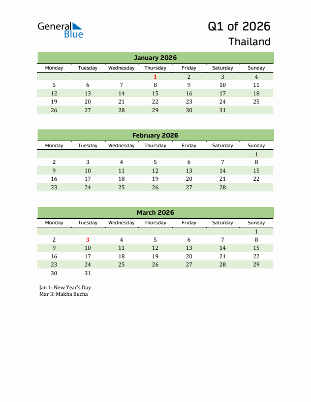 Quarterly Calendar 2026 with Thailand Holidays