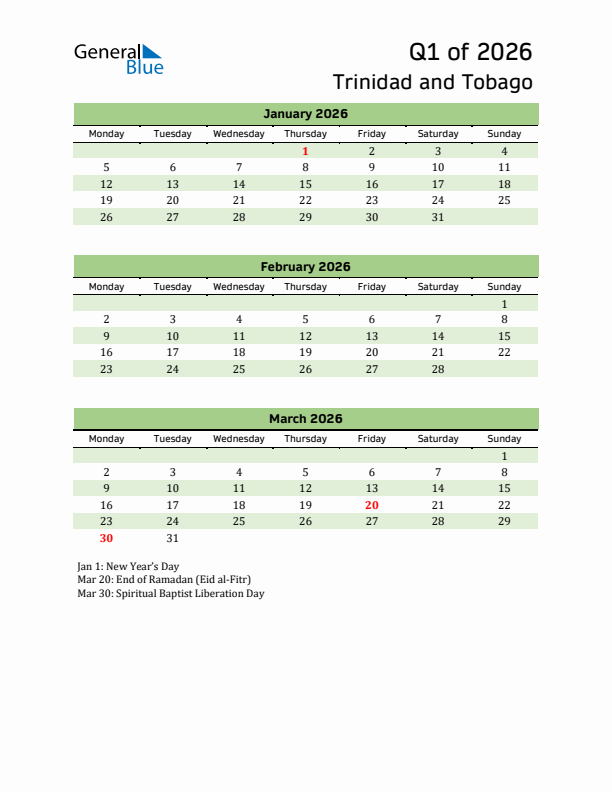 Quarterly Calendar 2026 with Trinidad and Tobago Holidays