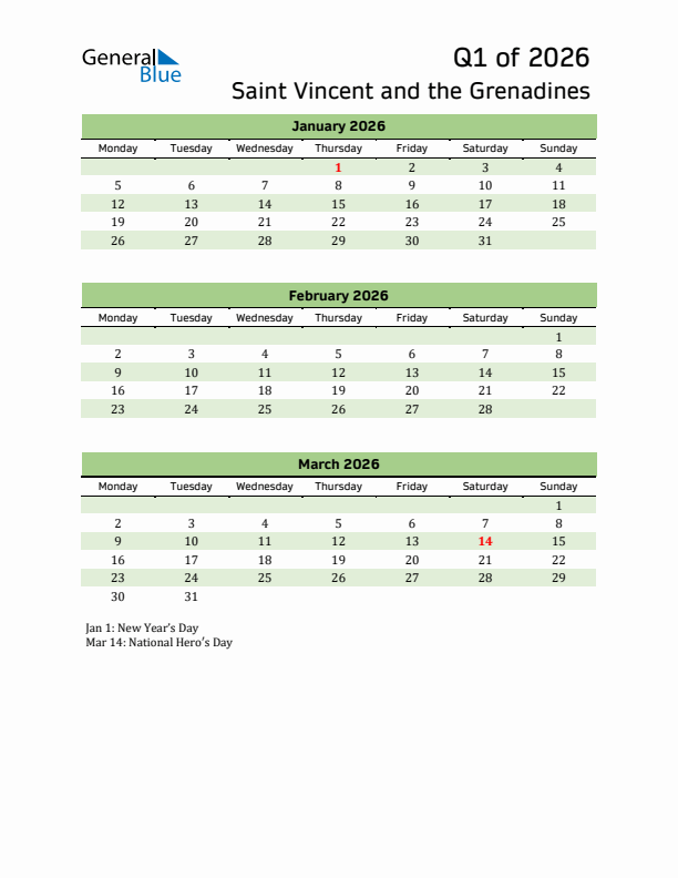 Quarterly Calendar 2026 with Saint Vincent and the Grenadines Holidays