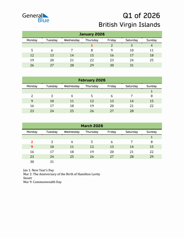 Quarterly Calendar 2026 with British Virgin Islands Holidays