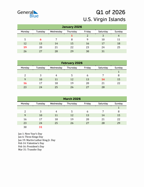 Quarterly Calendar 2026 with U.S. Virgin Islands Holidays