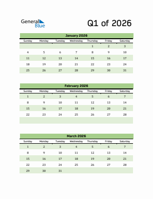 Quarter 1  2026 calendar template