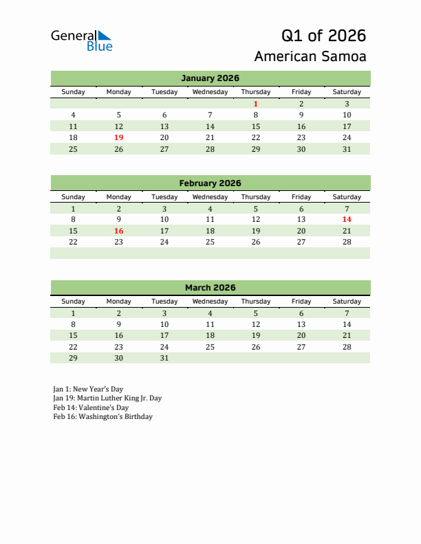 Quarterly Calendar 2026 with American Samoa Holidays