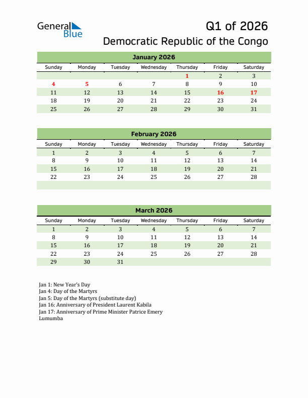 Quarterly Calendar 2026 with Democratic Republic of the Congo Holidays