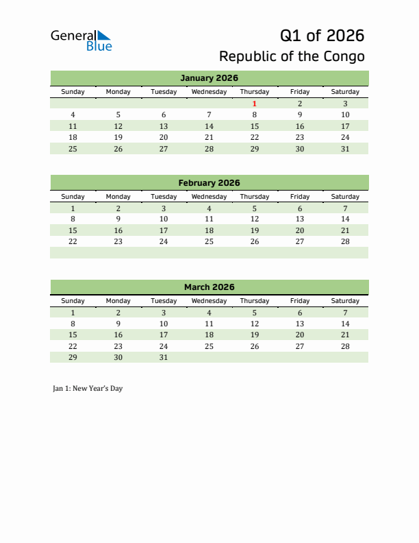 Quarterly Calendar 2026 with Republic of the Congo Holidays