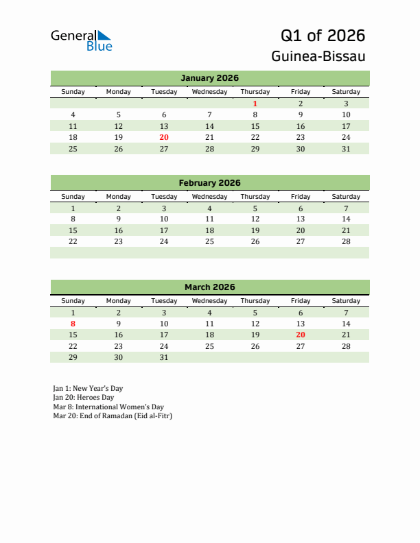 Quarterly Calendar 2026 with Guinea-Bissau Holidays