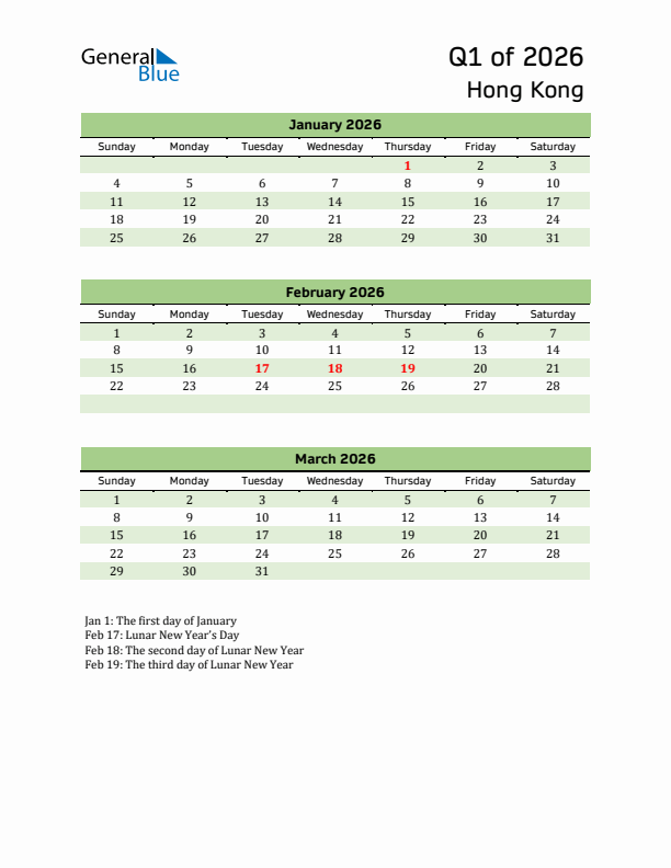 Quarterly Calendar 2026 with Hong Kong Holidays