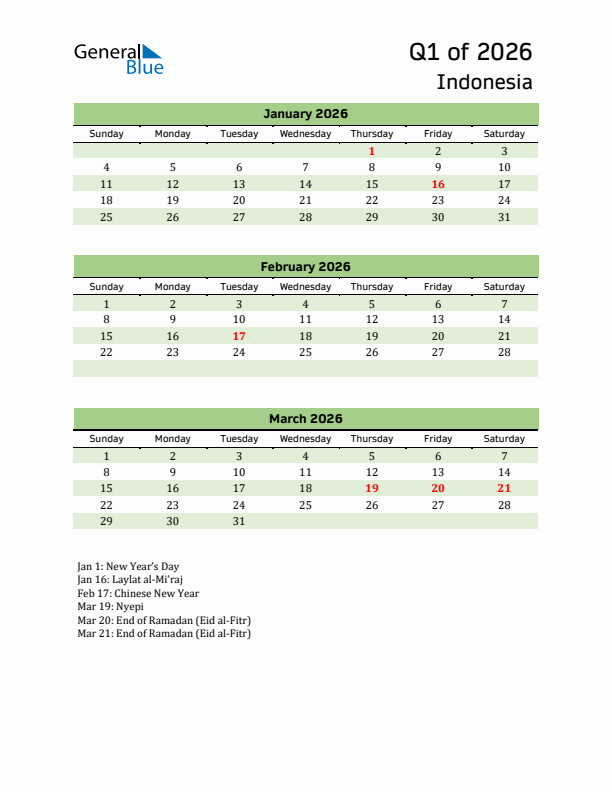 Quarterly Calendar 2026 with Indonesia Holidays