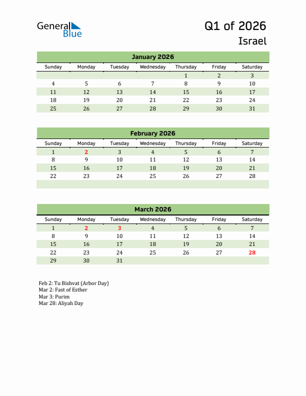Quarterly Calendar 2026 with Israel Holidays