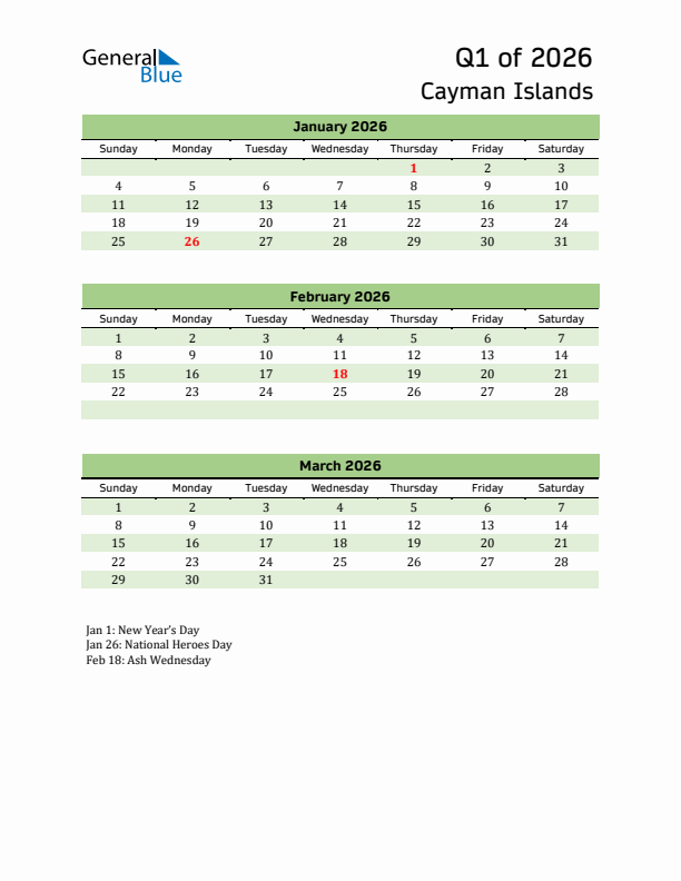Quarterly Calendar 2026 with Cayman Islands Holidays