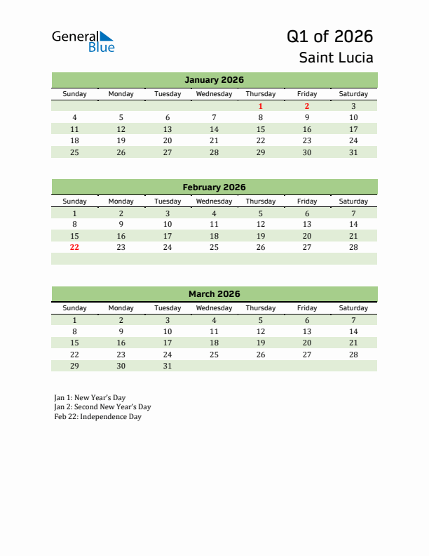 Quarterly Calendar 2026 with Saint Lucia Holidays