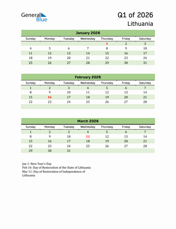 Quarterly Calendar 2026 with Lithuania Holidays